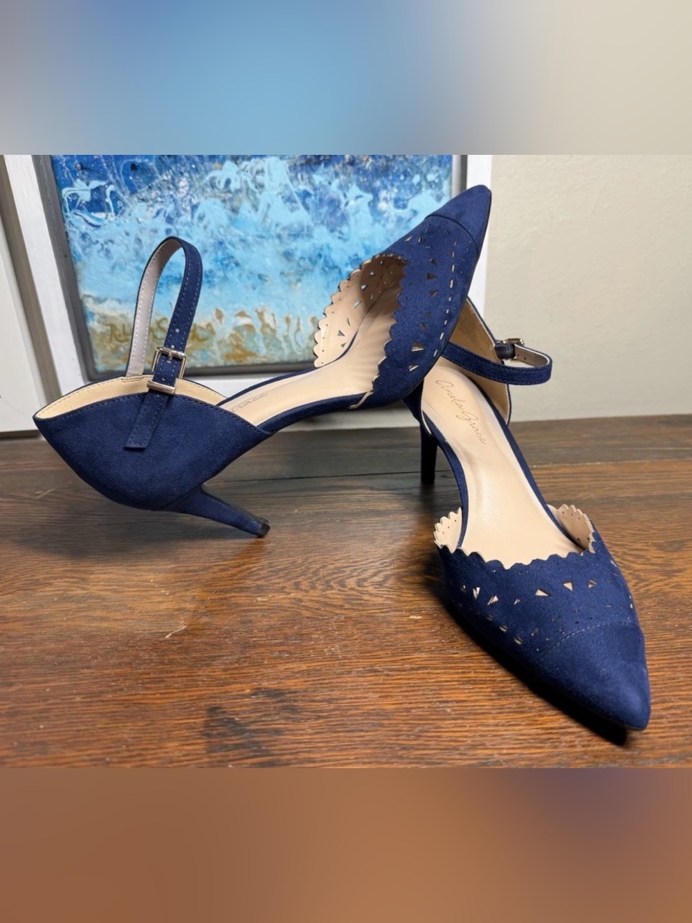 Amelia Grace Navy Scalloped “Mackkie” Slingback Heels